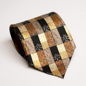 Ermenegildo Zegna Geometric Brown Black Patchwork Italian Silk Mens Neck Tie